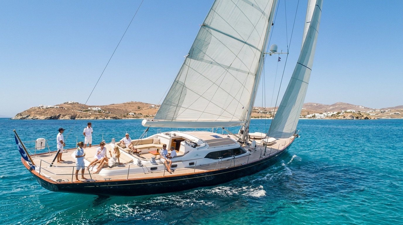 Sailing yacht underway among Aegean islands